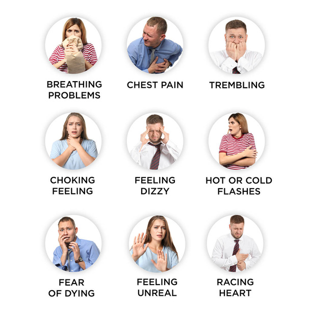 Люди з різними симптомами панічного нападу на білому тлі
 - Фото, зображення