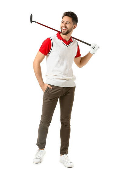 Jóképű férfi golfozó fehér háttér - Fotó, kép