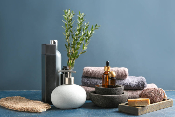Set of bath accessories on grey background - Foto, afbeelding