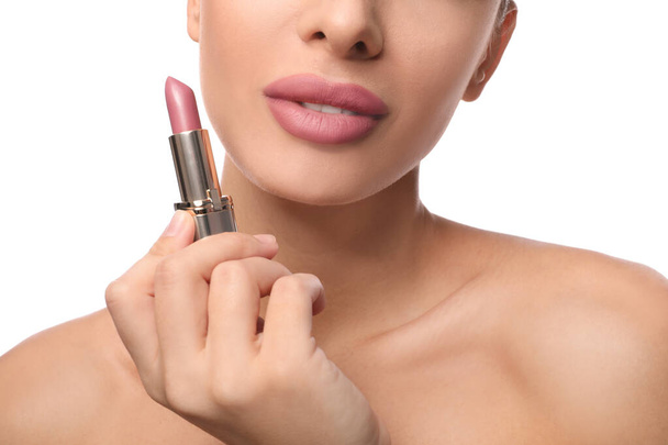 Woman with pink lipstick on white background, closeup - Φωτογραφία, εικόνα