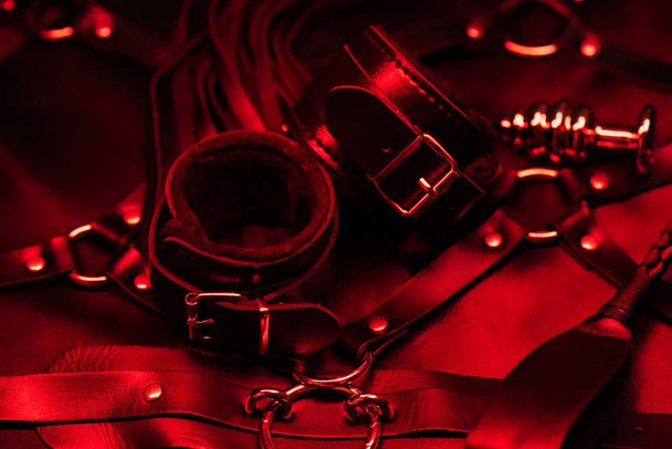 Bdsmセックスのための革の手錠、鞭、チョーカーおよび肛穴のプラグ - 写真・画像