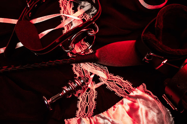 Sexspielzeug auf einem Dienstmädchenkostüm. Lederpeitsche, Handschellen, Choker und Metall-Analplug für Bdsm-Sex - Foto, Bild