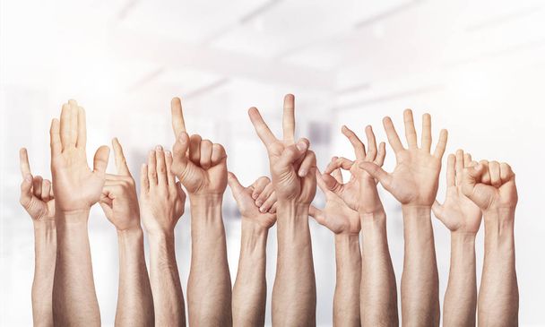 Row of man hands showing various gestures. Ok, finger pointing, victory, spread fingers, clenched fist and thumb up signs. Human hands gesturing on light blurred background. Many arms raised together. - Photo, Image
