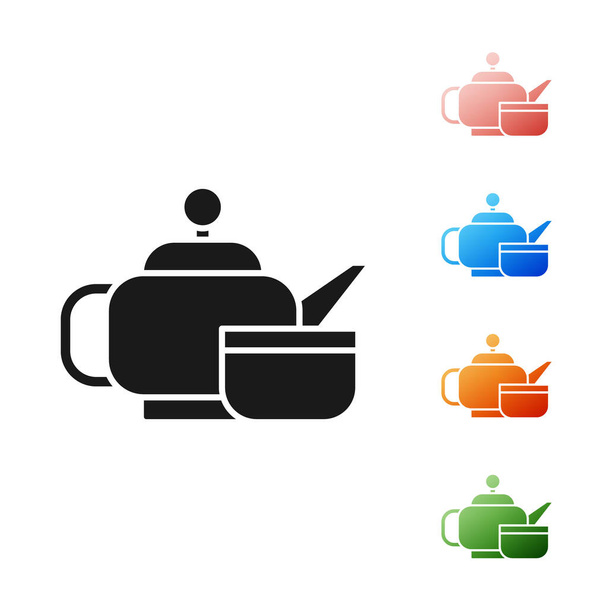 Black Traditional Japanese tea ceremony icon isolated on white background. Teapot with cup. Set icons colorful. Vector Illustration - Vector, Image