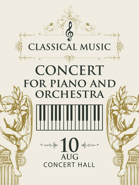 poster voor concert klassieke muziek met engelen en pianotoetsen - Vector, afbeelding