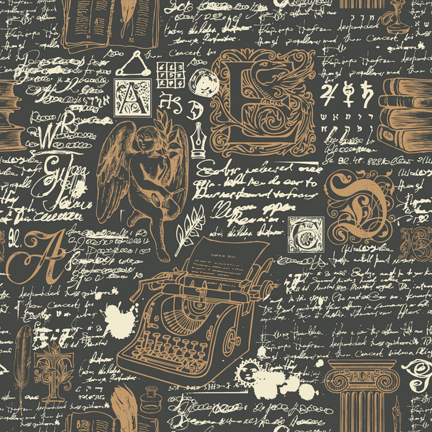 black and gold seamless pattern on a writers theme - ベクター画像