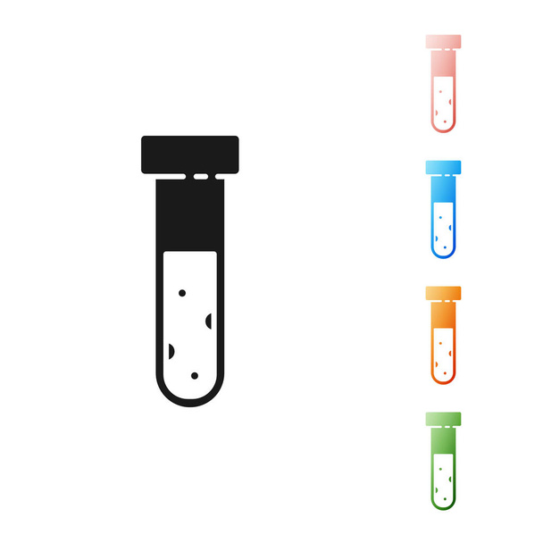 Black Test tube and flask chemical laboratory test icon isolated on white background. Laboratory glassware sign. Set icons colorful. Vector Illustration - Vetor, Imagem