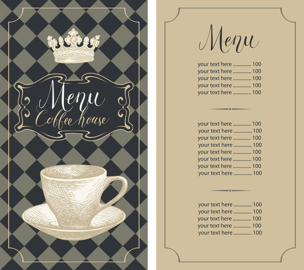カップと王冠と価格表のあるコーヒーハウスのメニュー - ベクター画像
