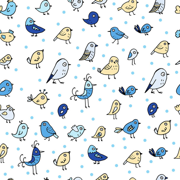 nahtloses, kindliches Frühlingsmuster mit gelben und blauen Doodle-Vögeln auf weißem Hintergrund - Vektor, Bild