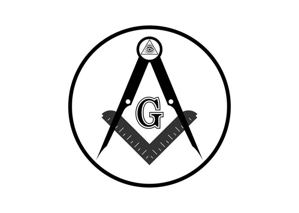 Герб масонства - масонський квадрат і символ компаса. Всі бачать Боже око в священному геометричному трикутнику, кладці та символі ілюмінаті, елементі дизайну логотипу. Круглий вектор ізольовано на білому
 - Вектор, зображення