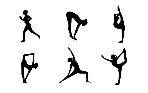 Conjunto de silhuetas vetoriais de mulher fazendo exercícios de ioga. Ícones de menina flexível esticando seu corpo em diferentes poses de ioga. Formas pretas de mulher isolada no fundo branco
 - Vetor, Imagem
