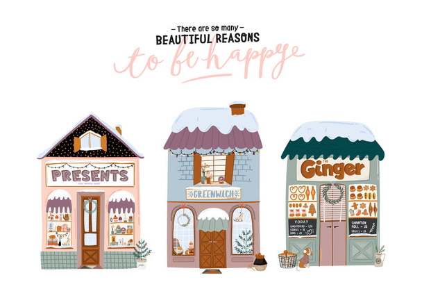 Collection of cute winter house, shop, store, cafe and restaurant isolated on white background.  - Vector, Imagen