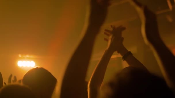 Super slow motion: silhouette di persone che festeggiano e applaudono al concerto rock - Filmati, video