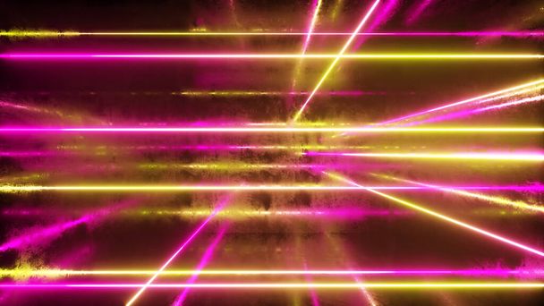 Abstrakcyjne tło, poruszające się promienie neonowe, rozświetlone linie wewnątrz metalicznego zadrapanego pokoju, fluorescencyjne światło ultrafioletowe, żółte widmo czerwonego różu, ilustracja 3D - Zdjęcie, obraz