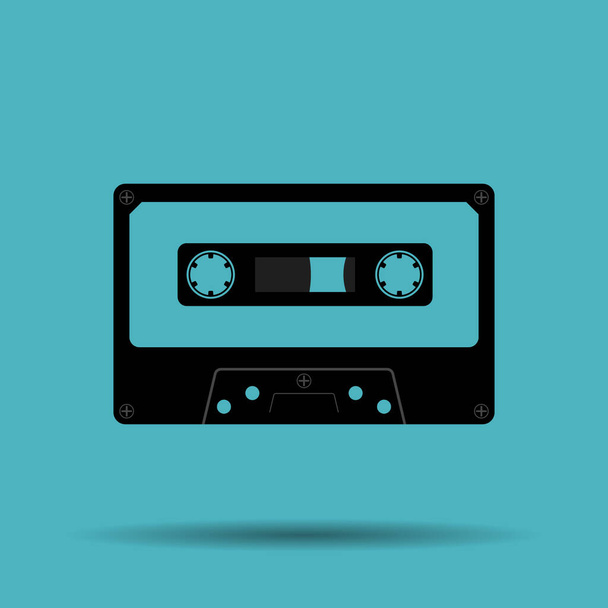 Plastic audio compact cassette tape - web icon. black color music tape. old technology concept, retro style, flat and shadow theme design, vector art image illustration, isolated on blue background - Vector, Image