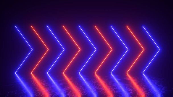 Flashing bright neon arrows light up and go out indicating the direction. Abstract background, laser show. Neon color trends phantom blue and lush lava light spectrum. 3d illustration - 写真・画像