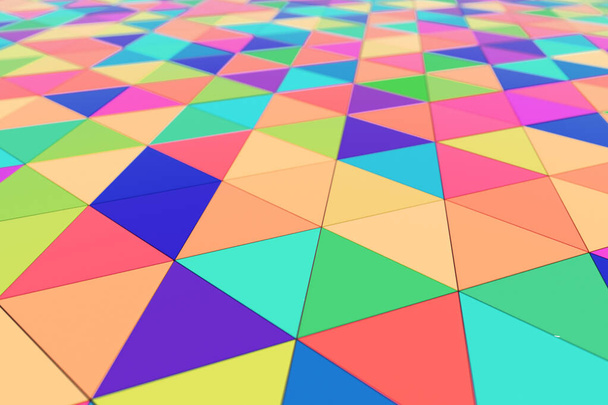 Abstract motion animation of bright multi-colored three-dimensional triangles. 3d illustration - 写真・画像