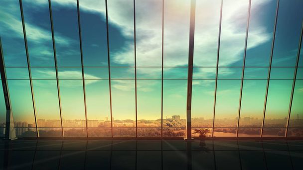 パノラマ都市の景色を望むモダンなオフィスの空のインテリア. - 写真・画像