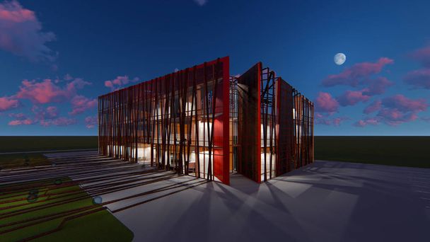 3D-Projekt eines mehrstöckigen Geschäftszentrums. Sommerabend. - Foto, Bild