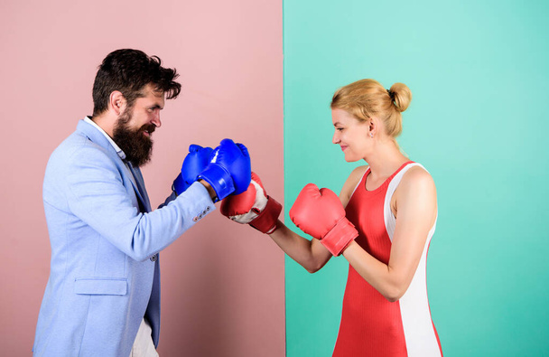Reconciliation and compromise. knockout punching. who is right. win the fight. bearded man hipster fighting with girl. problems in relationship. sport. Strength and power. family couple boxing gloves - Photo, Image