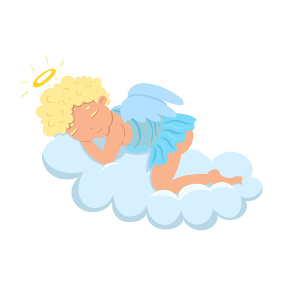 Amor schläft isoliert auf einer Wolke auf weißem Hintergrund. Vektorgrafik. - Vektor, Bild