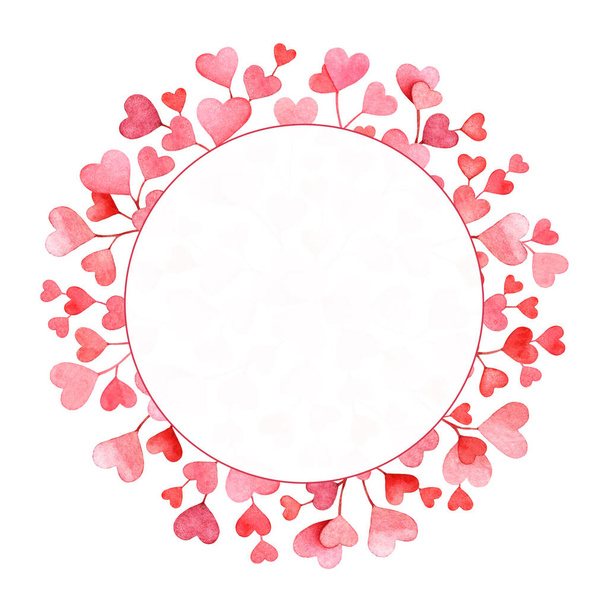 Watercolor round frame with pink and red hearts on white background. Love, concept art. - Zdjęcie, obraz