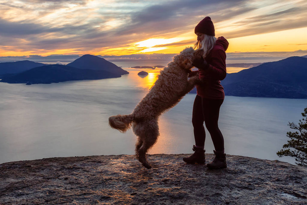 Adventurous Girl Hiking on top of a Mountain with a dog - Foto, afbeelding