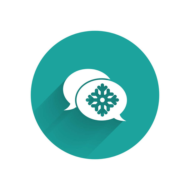 White Snowflake with speech bubble icon isolated with long shadow. Merry Christmas and Happy New Year. Green circle button. Vector Illustration - Διάνυσμα, εικόνα