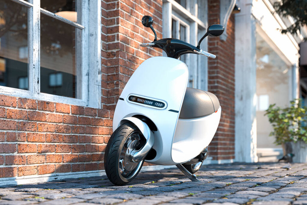 Electric Scooter on Cityscape Urban Background. Eco Alternative Transport In Downtown. 3d rendering. - Photo, Image
