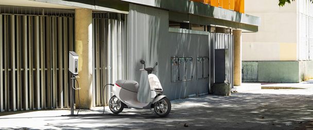 Scooter eléctrico con cargador eléctrico en fondo Cityscape. Eco Transporte Alternativo. renderizado 3d
. - Foto, imagen