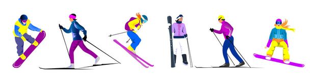 La gente va in per gli sport invernali, uomini e donne sci e snowboard. Set di illustrazioni vettoriali piatte. Uomini e donne in tuta multicolore. Un personaggio dei cartoni. Caratteri isolati
. - Vettoriali, immagini