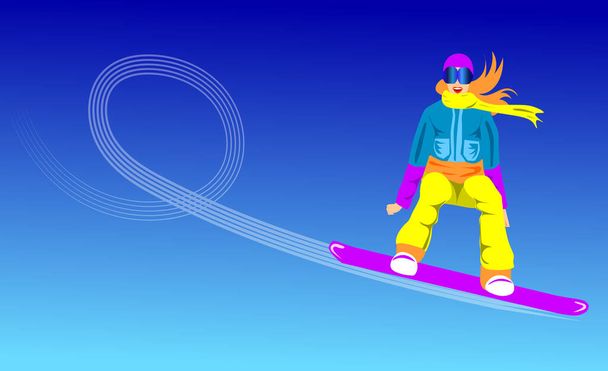 Snowboarder αιωρείται στον αέρα. Στο φόντο του γαλάζιου ουρανού. Δυναμική απεικόνιση. Αντιγραφή χώρου για κείμενο. Διαφημιστικό πανό για αθλήματα. Εικονογράφηση διανύσματος - Διάνυσμα, εικόνα