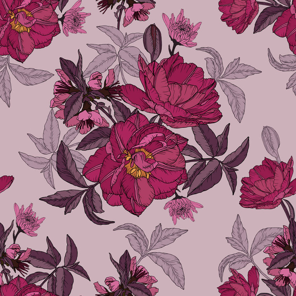 Vektorové květinové bezešvé vzor s akvarelovými tulipány, chryzantémy a jablečné květy - Vektor, obrázek
