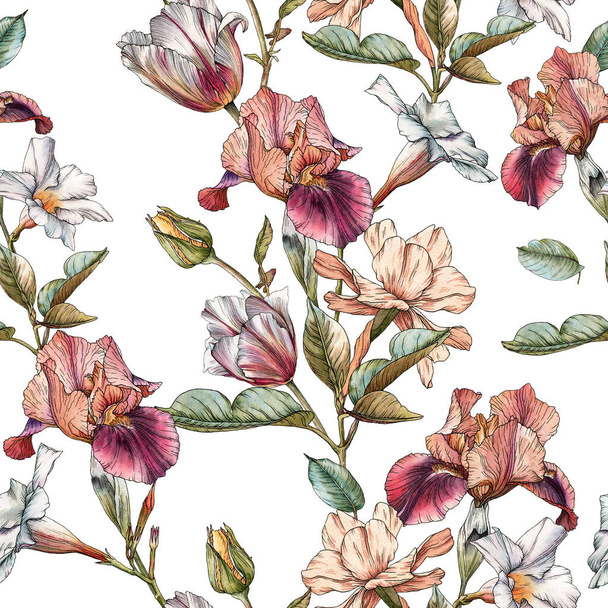 Floral seamless pattern with watercolor irises, tulips, narcissus and white flowers - Foto, Imagem