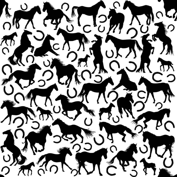 Płynny wzór z sylwetkami koni i podkowy - Wektor, obraz