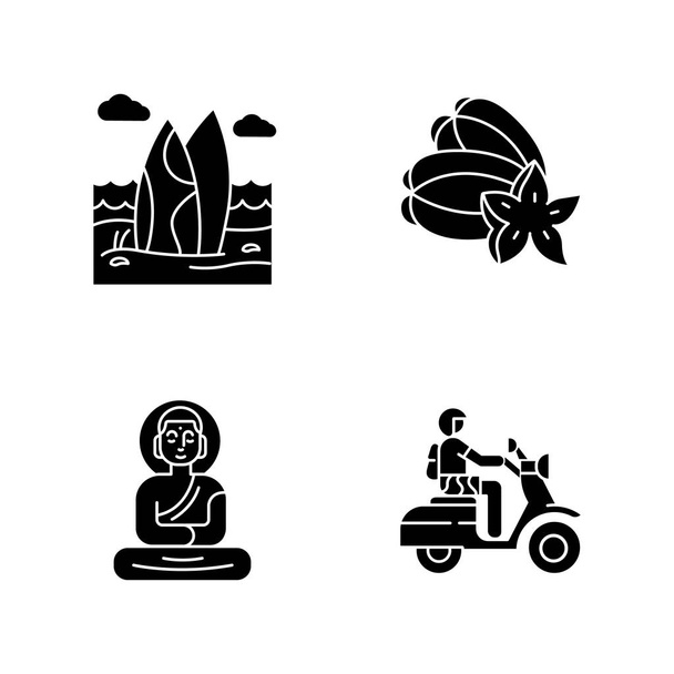 Indonéské ikony glyfu nastaveny. Přímořská tropická krajina. Dovolená v - Vektor, obrázek