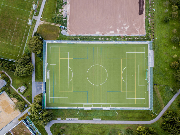Aerial view of empty soccer field in Europe - Foto, afbeelding