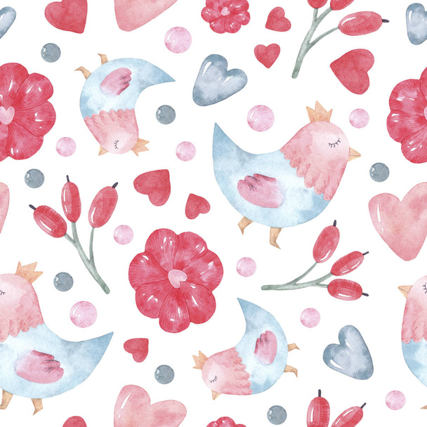 Seamless romantic pattern with watercolor birds, flowers, barberries and hearts. Great for scrapbook paper design, packaging, cards, textiles, linen, fabrics and any design. - Φωτογραφία, εικόνα