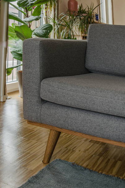 Szürke kanapé a modern apartman nappaliban. A perem közelsége - Fotó, kép