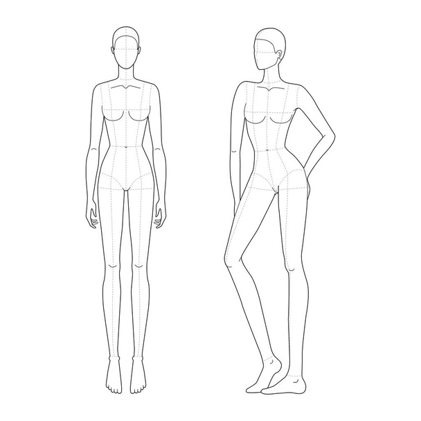 Fashion template of women in standing poses with main lines. - ベクター画像