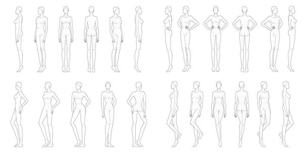 Fashion template 9 head for technical drawing with main lines.  - Vector, Image