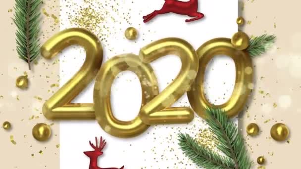 Happy New Year 2020 video greeting card animation in 3d style, deer toy and holiday pine tree for season presentation or party invitation. Confetti and lights motion graphics 4k zoom in footage. - Metraje, vídeo