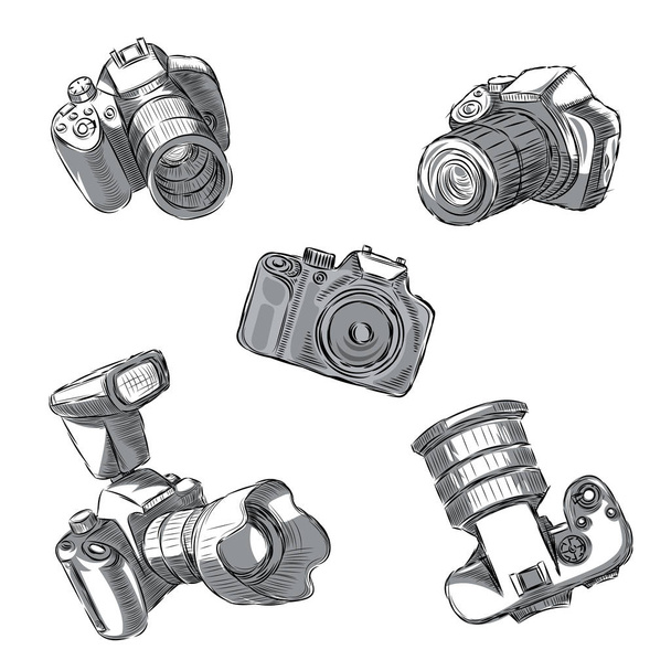 Um conjunto de câmeras SLR em diferentes posições são desenhadas à mão
 - Vetor, Imagem