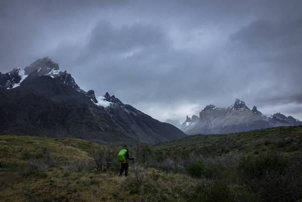 Una persona que observa un inmenso paisaje de grandes montañas y picos nevados, rodeada de pequeños arbustos, algunos verdes y otros secos. Torres del Payne, Patagonia Chile
 - Foto, Imagen
