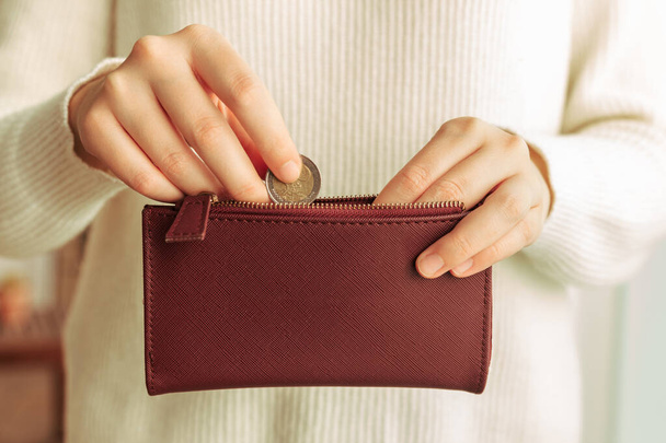 Stock photo of hands introducing a coin in a wallet - Zdjęcie, obraz