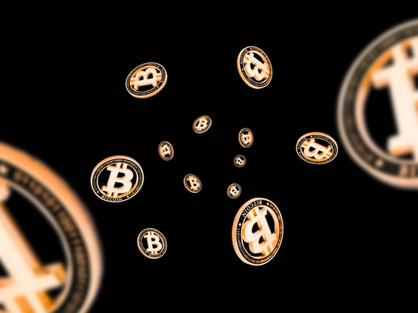Fondo de dinero. Gold Falling Bitcoins en negro. Litecoin que cae, fondo de Ethereum
. - Foto, imagen