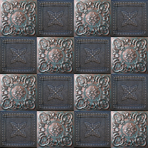 Old decorative painted tin ceiling tiles. Seamless pattern. - Photo, Image