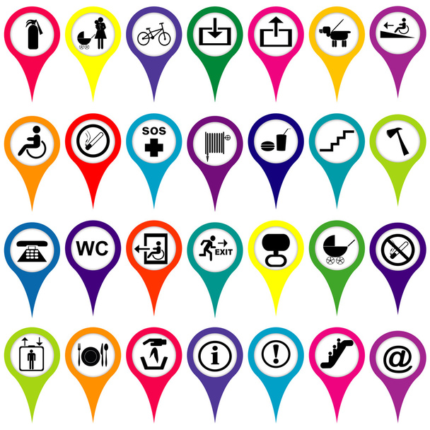 marcadores de mapa con señales de servicio internacional, conjunto de colores
 - Foto, imagen