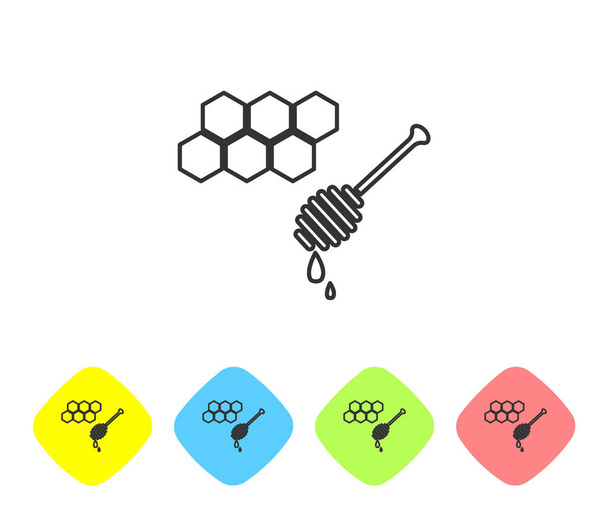Γκρι γραμμή Honeycomb με μέλι dipper stickicon απομονώνονται σε λευκό φόντο. Γλυκό κουτάλα. Σύμβολο κυττάρων μελιού. Γλυκό φυσικό φαγητό. Ορισμός εικονιδίων σε χρωματιστά κουμπιά ρόμβου. Εικονογράφηση διανύσματος - Διάνυσμα, εικόνα