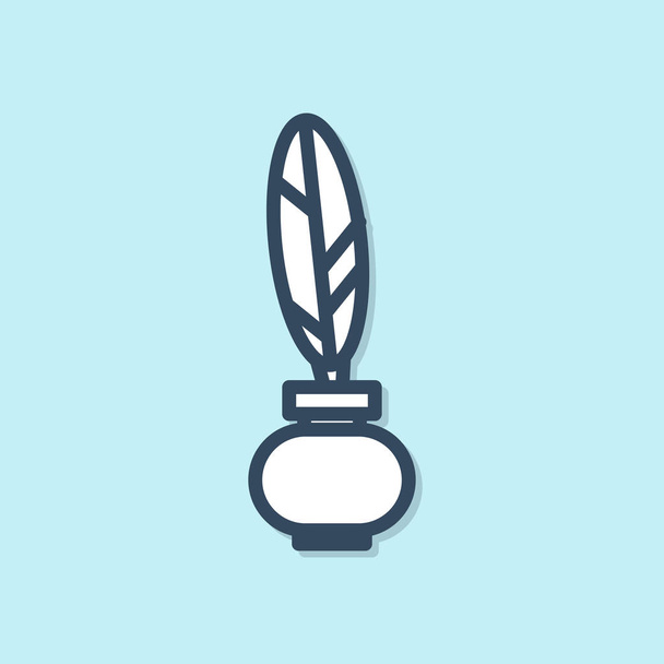 Blue line Feather and inkwell icon isolated on blue background.  Vector Illustration - ベクター画像
